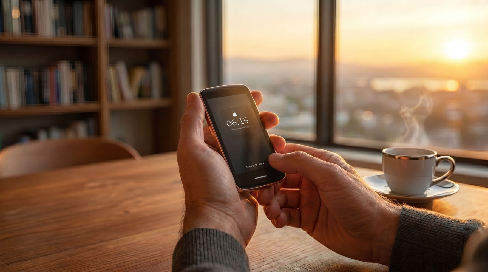 Hands holding a phone beside a cup of coffee