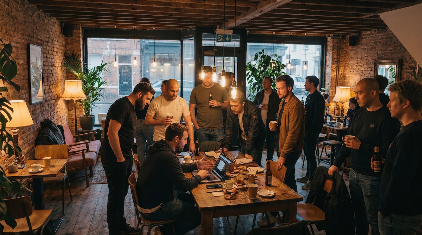 People gathered around a laptop at a community meetup in a cafe